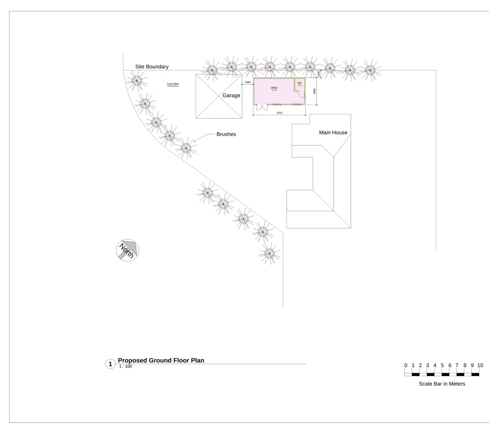 Proposed ground floor site plan showing main house, garage and outbuilding layout prepared by Crown Architecture