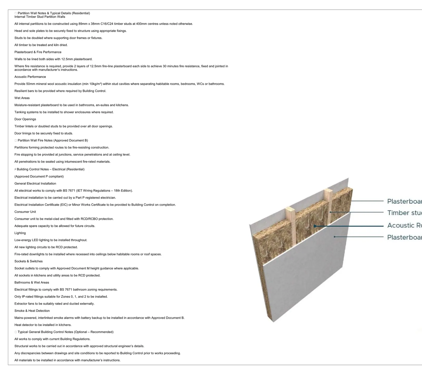 Building control notes covering partition walls, fire safety, electrical installation, smoke detection and general compliance requirements