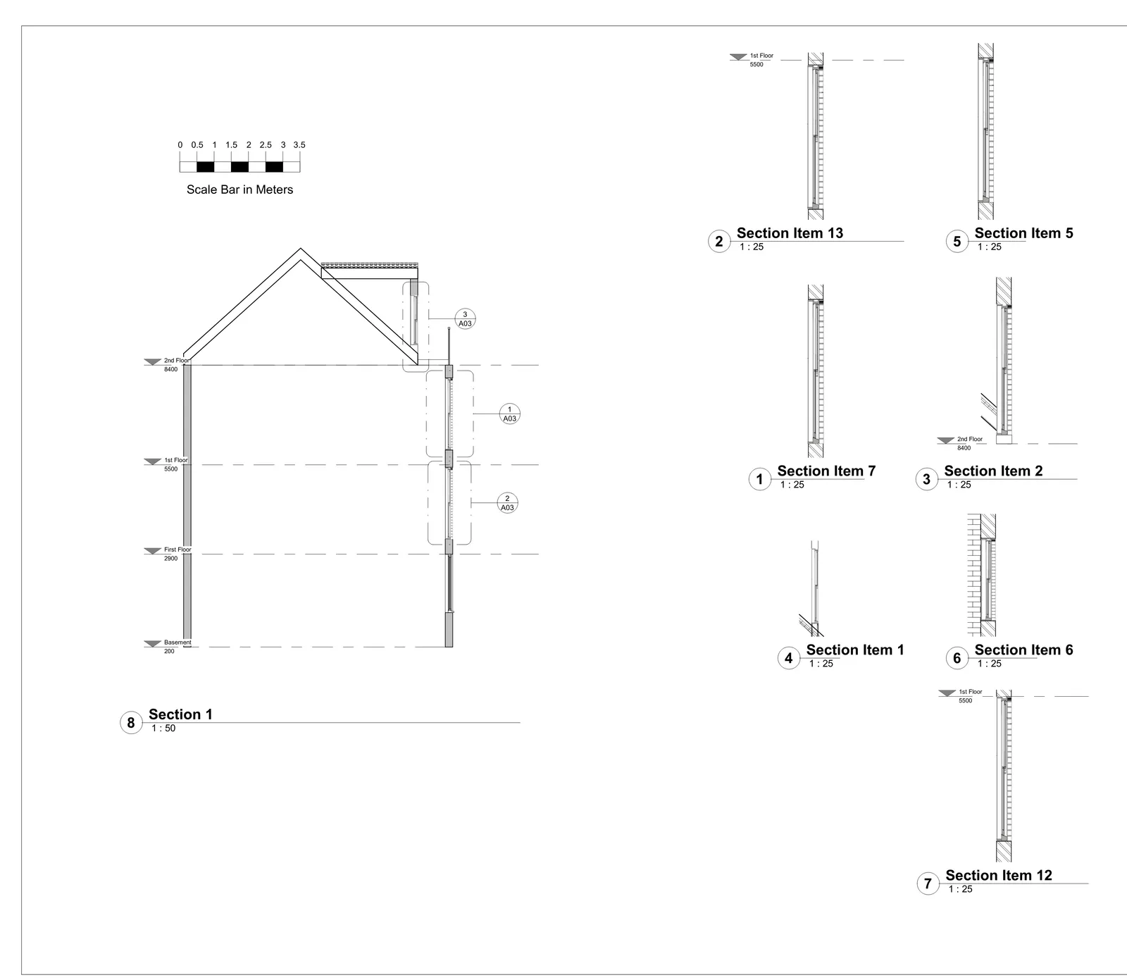 Building cross-section showing basement, first floor, second floor and roof structure with construction detail sections