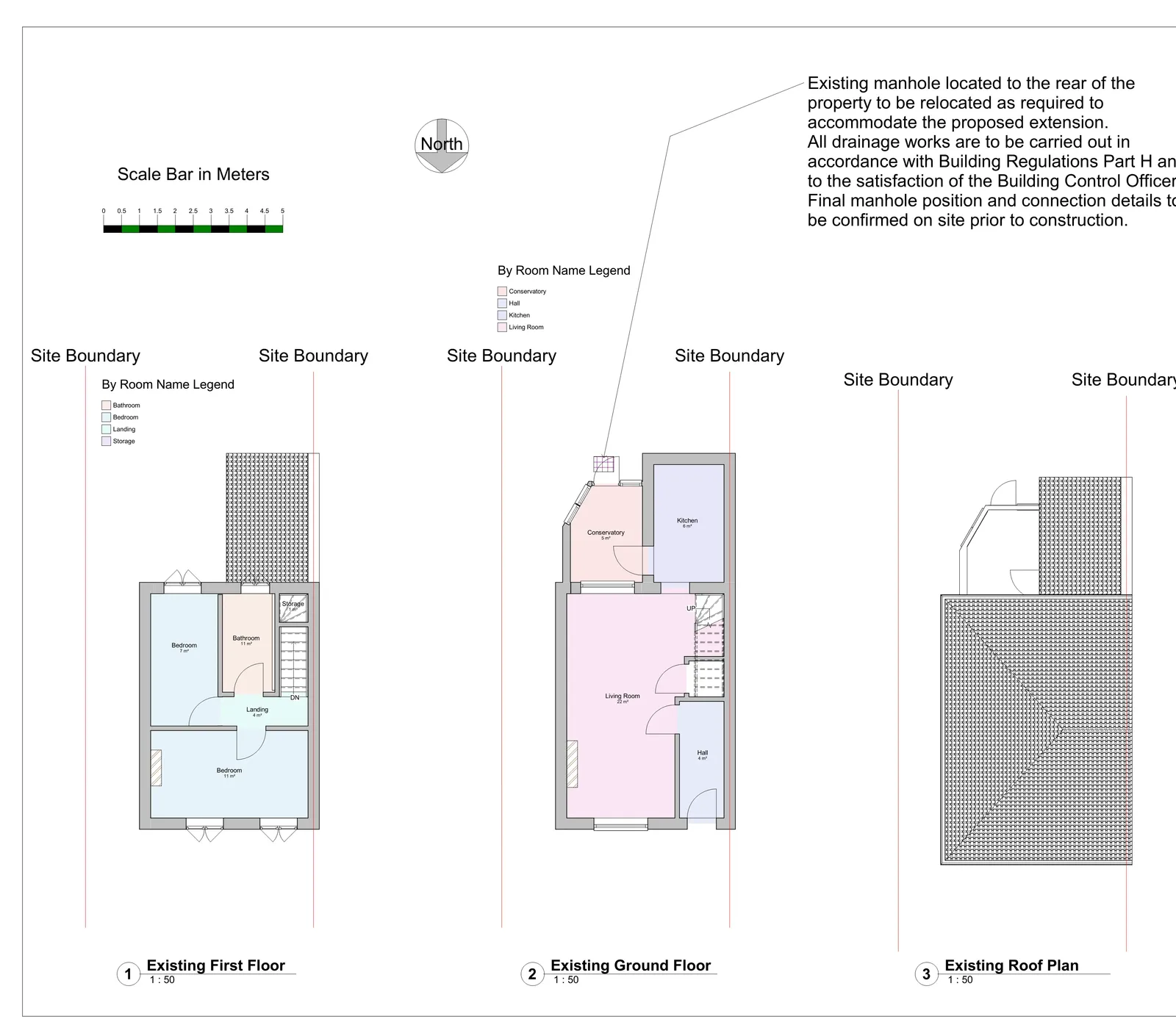 Existing first floor, ground floor and roof plan with room name legends showing current residential layout before extension works