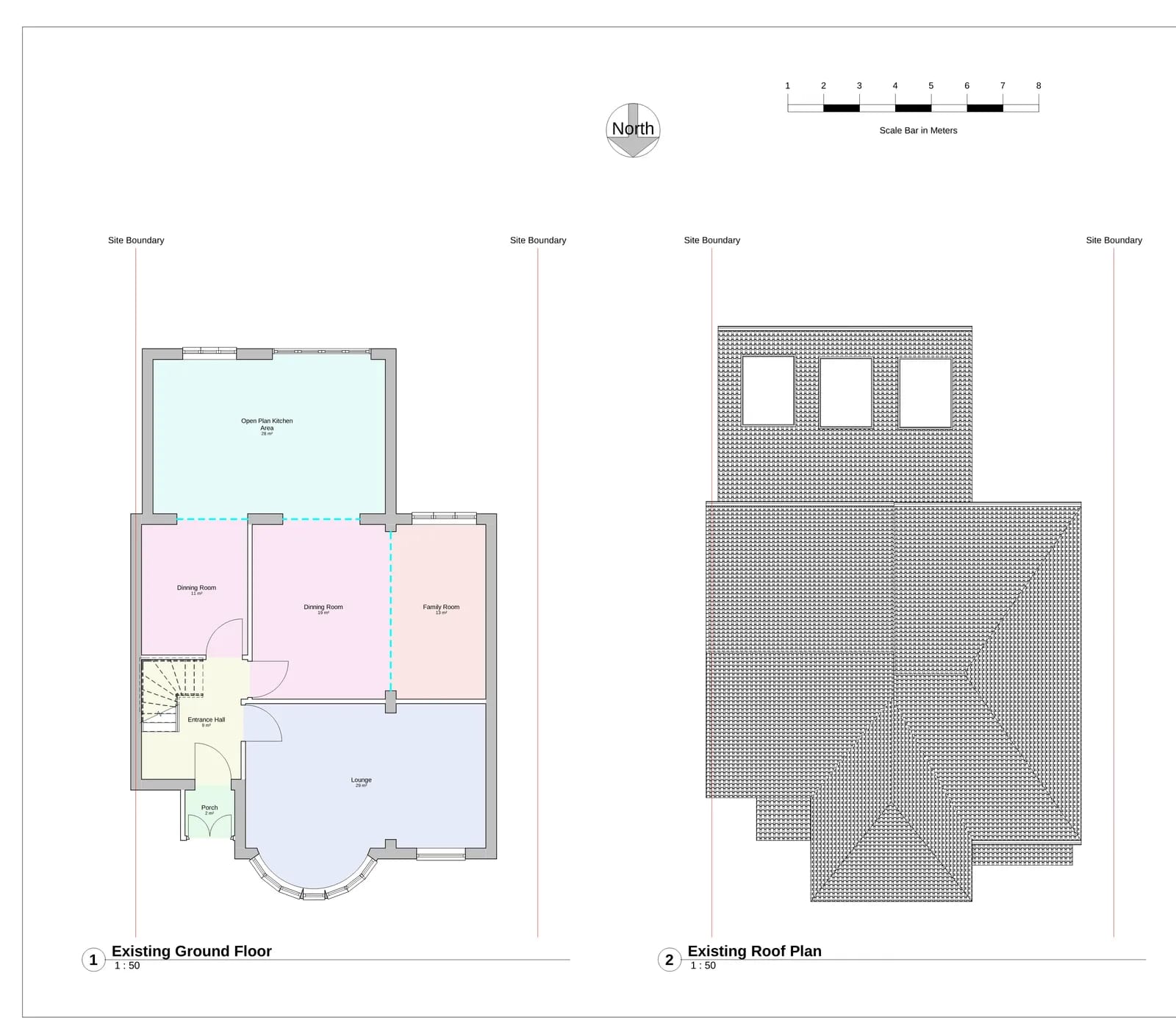 Existing ground floor and roof plan with colour-coded room layout showing current property arrangement before proposed works