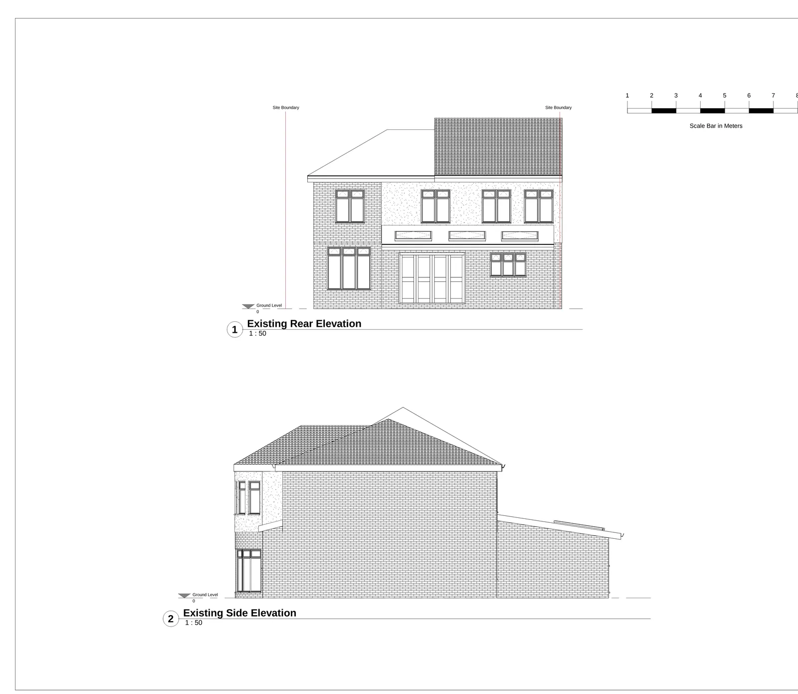 Proposed elevation drawings showing front, side and rear views of residential property with extension and loft conversion