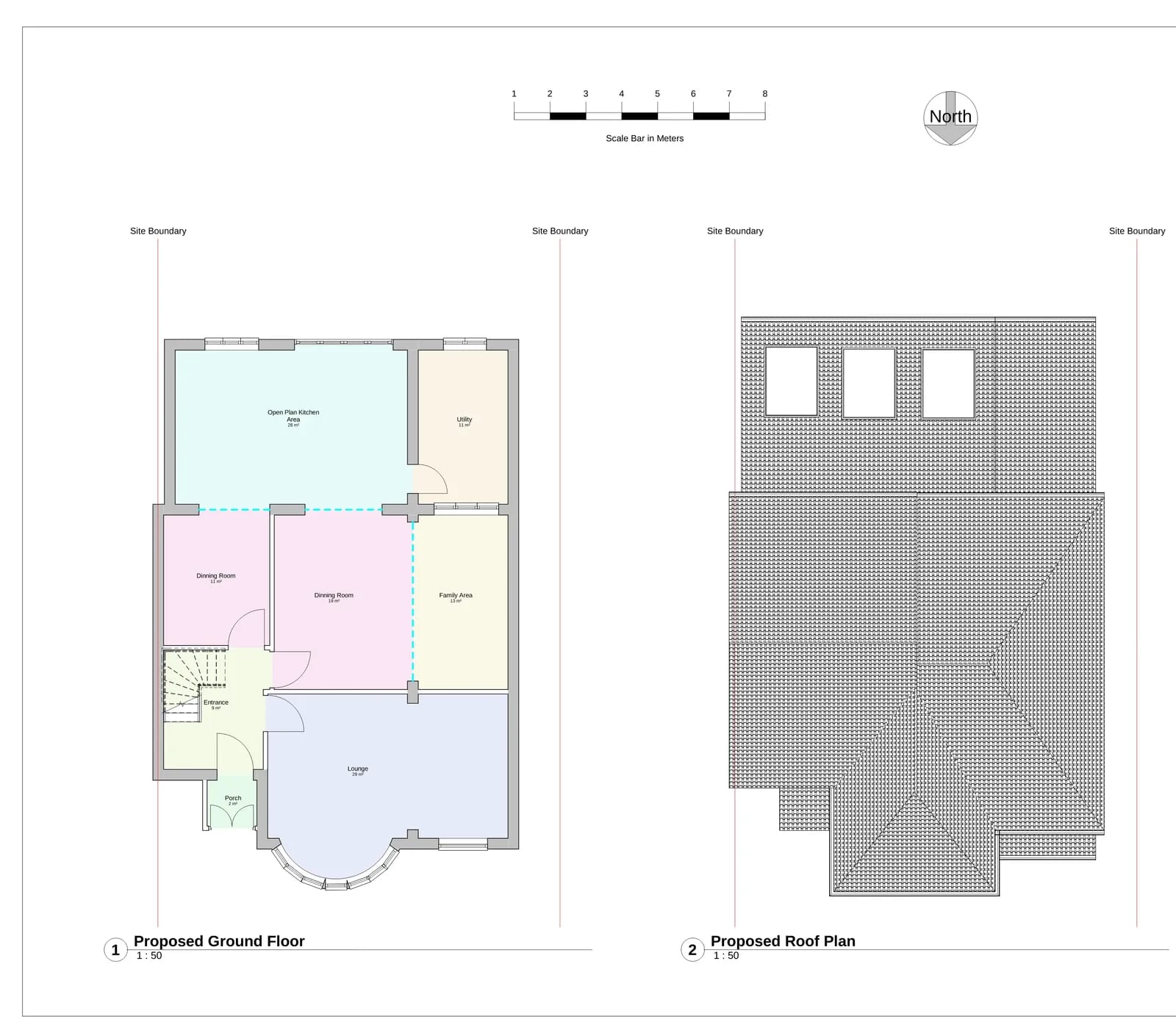 Proposed ground floor plan and roof plan with colour-coded rooms showing new extension layout and roof arrangement
