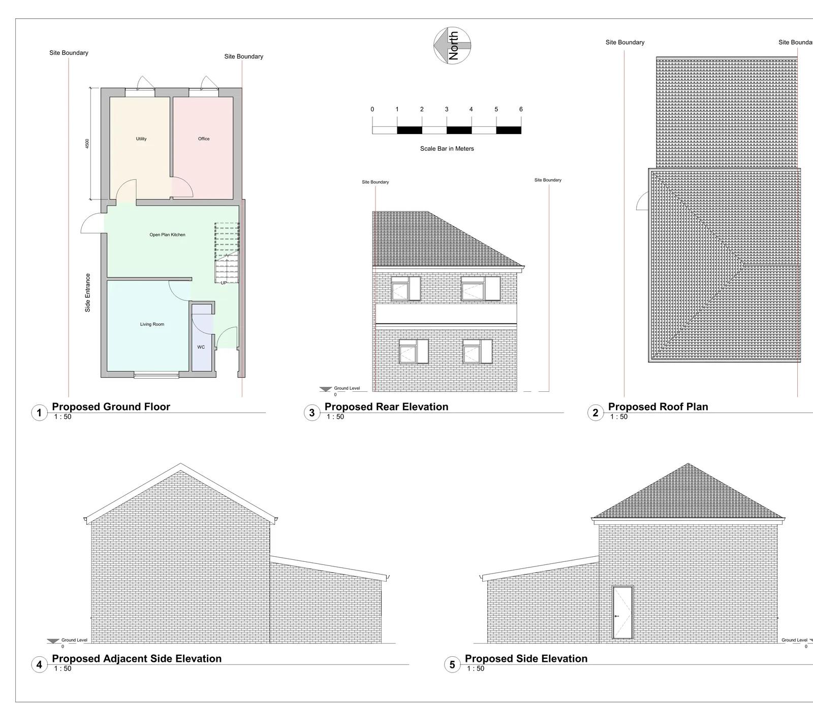 Proposed ground floor plan, roof plan and multiple elevation views showing complete extension and alteration design