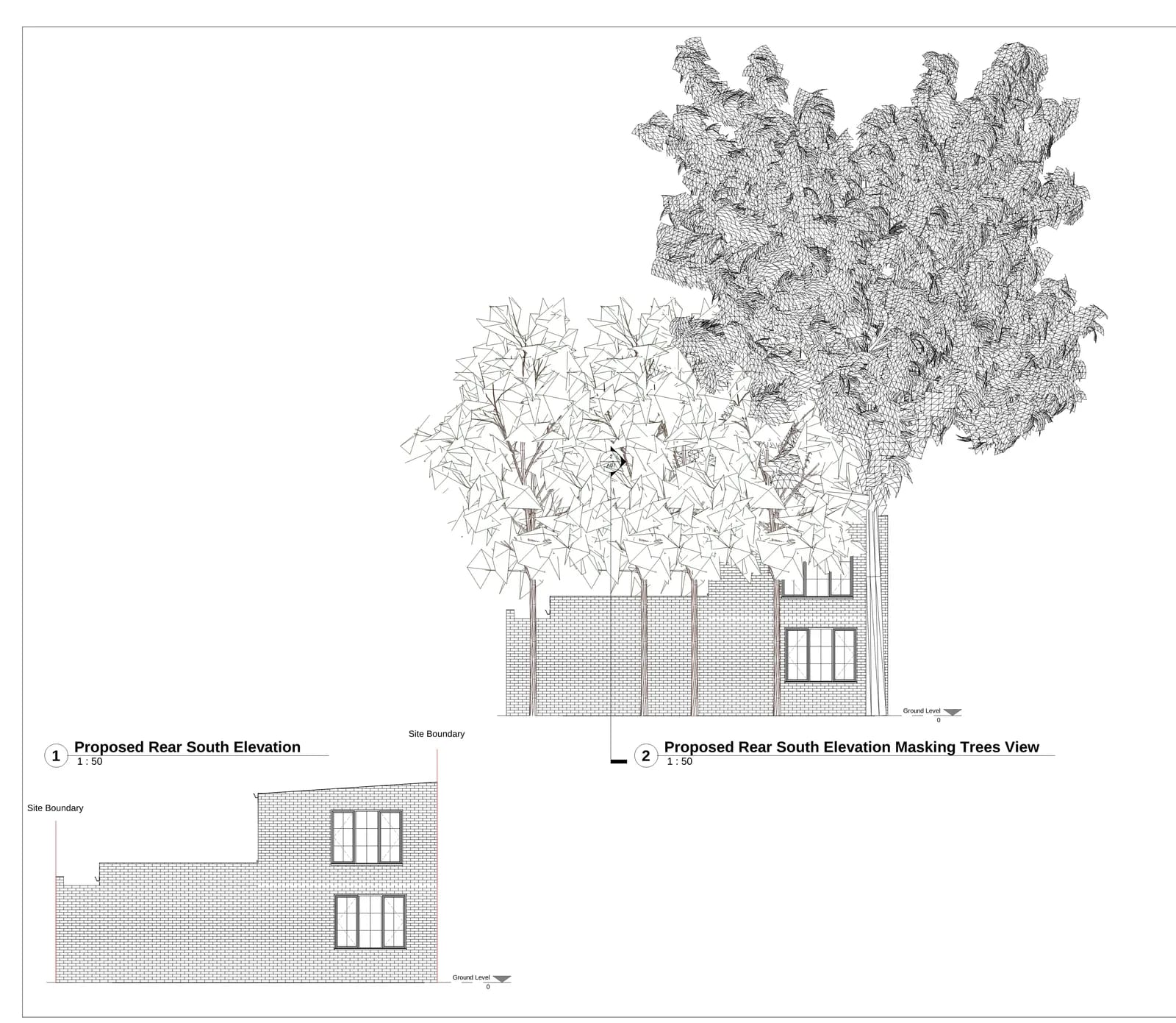 Proposed side and rear elevation drawings showing building form, materials and window arrangement for planning submission