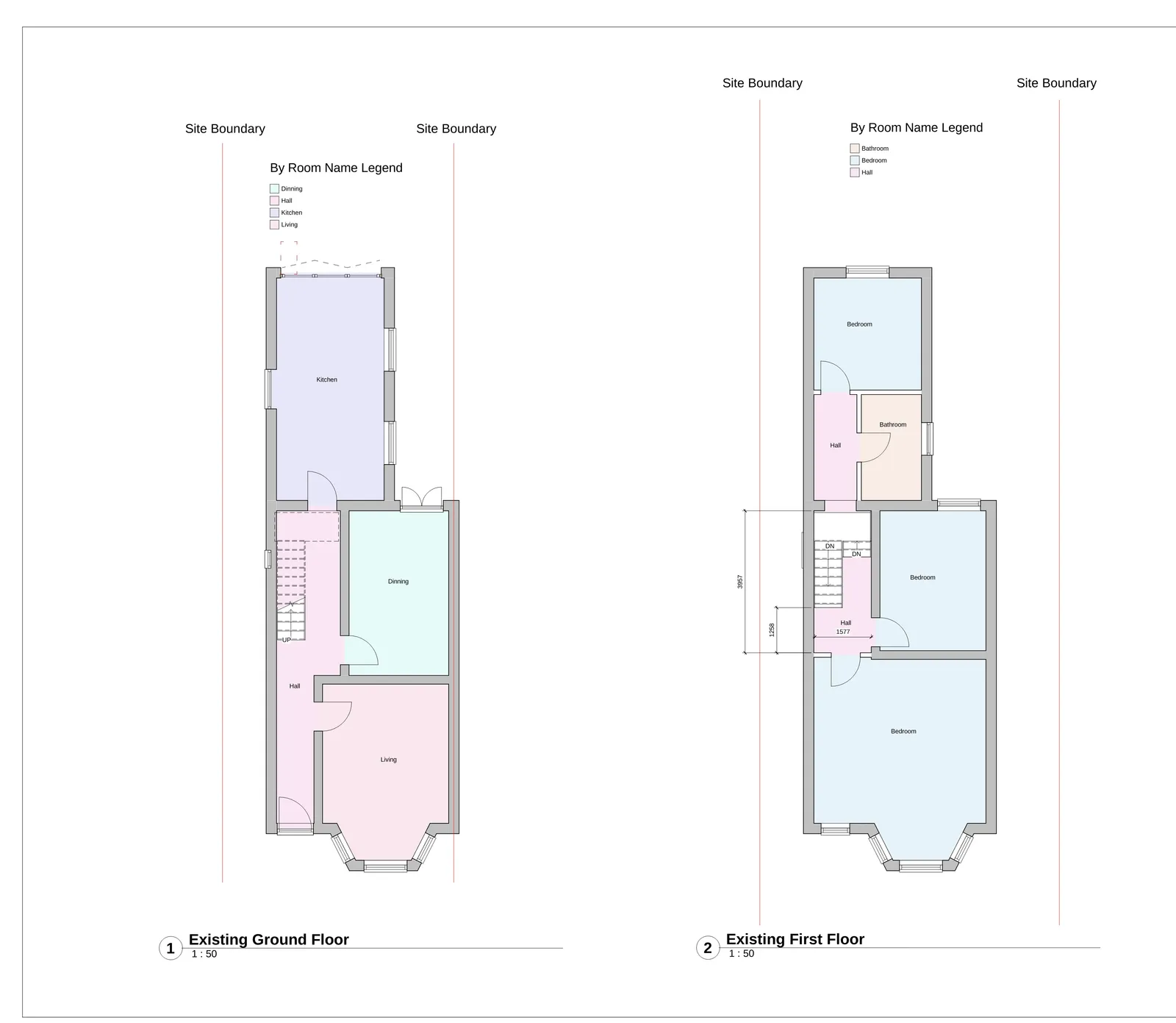 Existing ground floor and first floor plan with colour-coded rooms showing current layout before loft conversion works