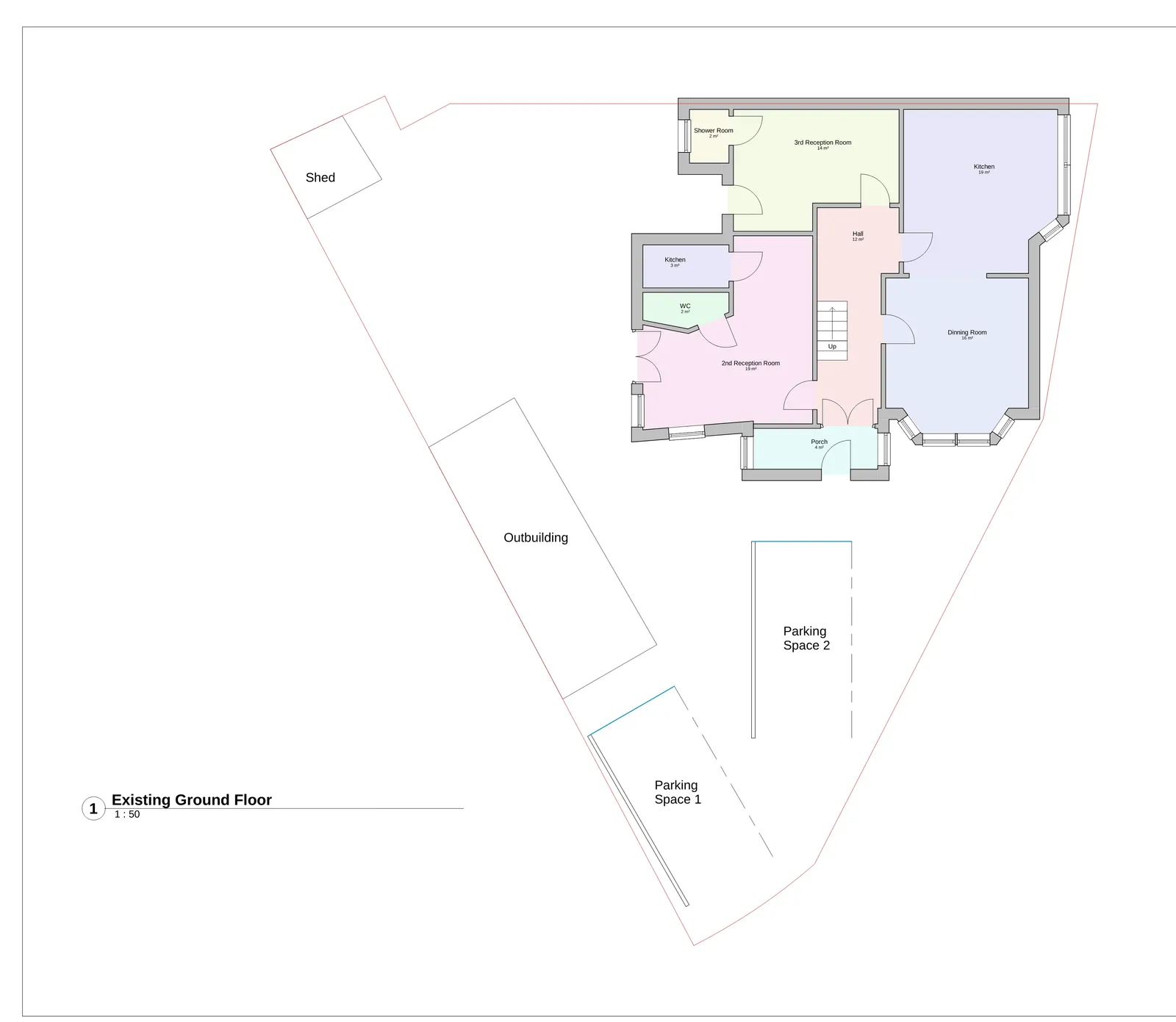 Existing ground floor plan and roof plan showing current residential layout before proposed extension works