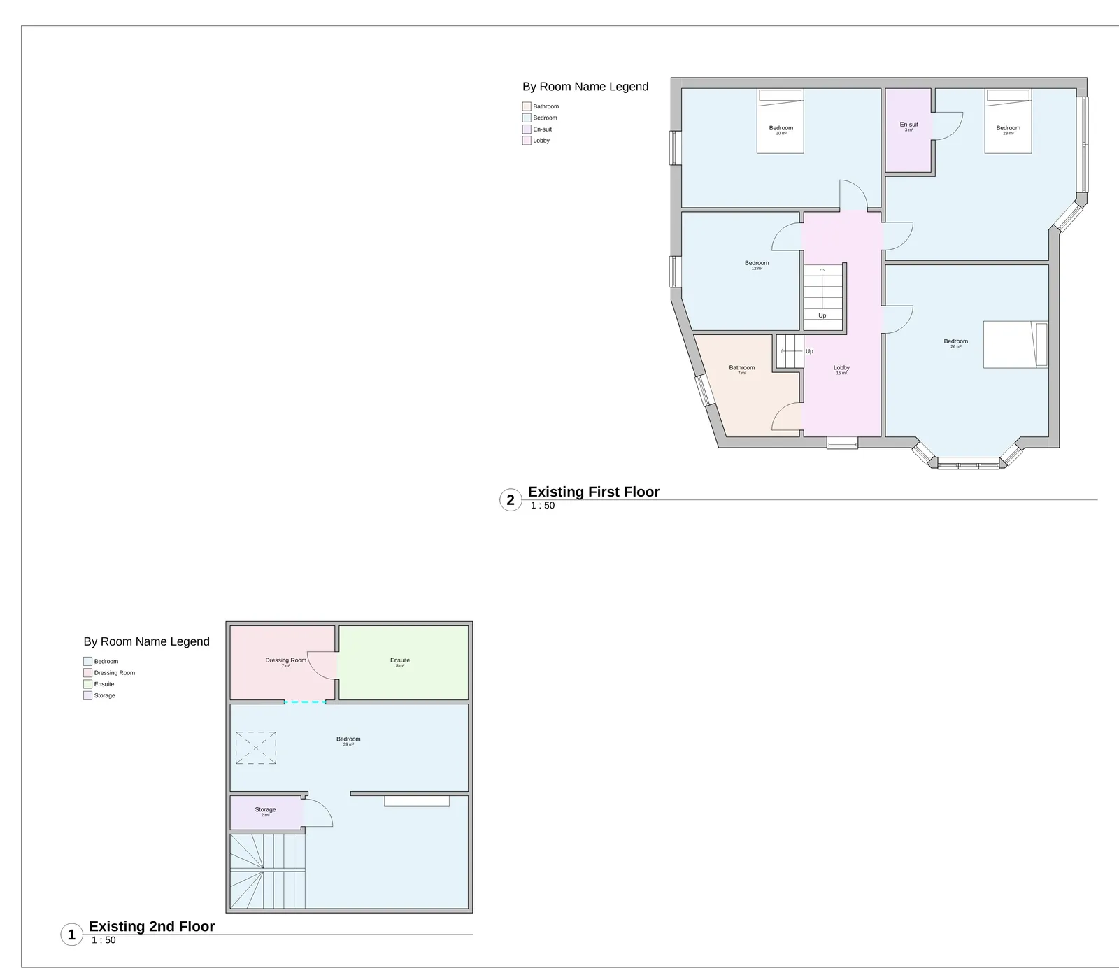 Existing first floor plan showing bedroom and bathroom layout before proposed loft conversion and extension