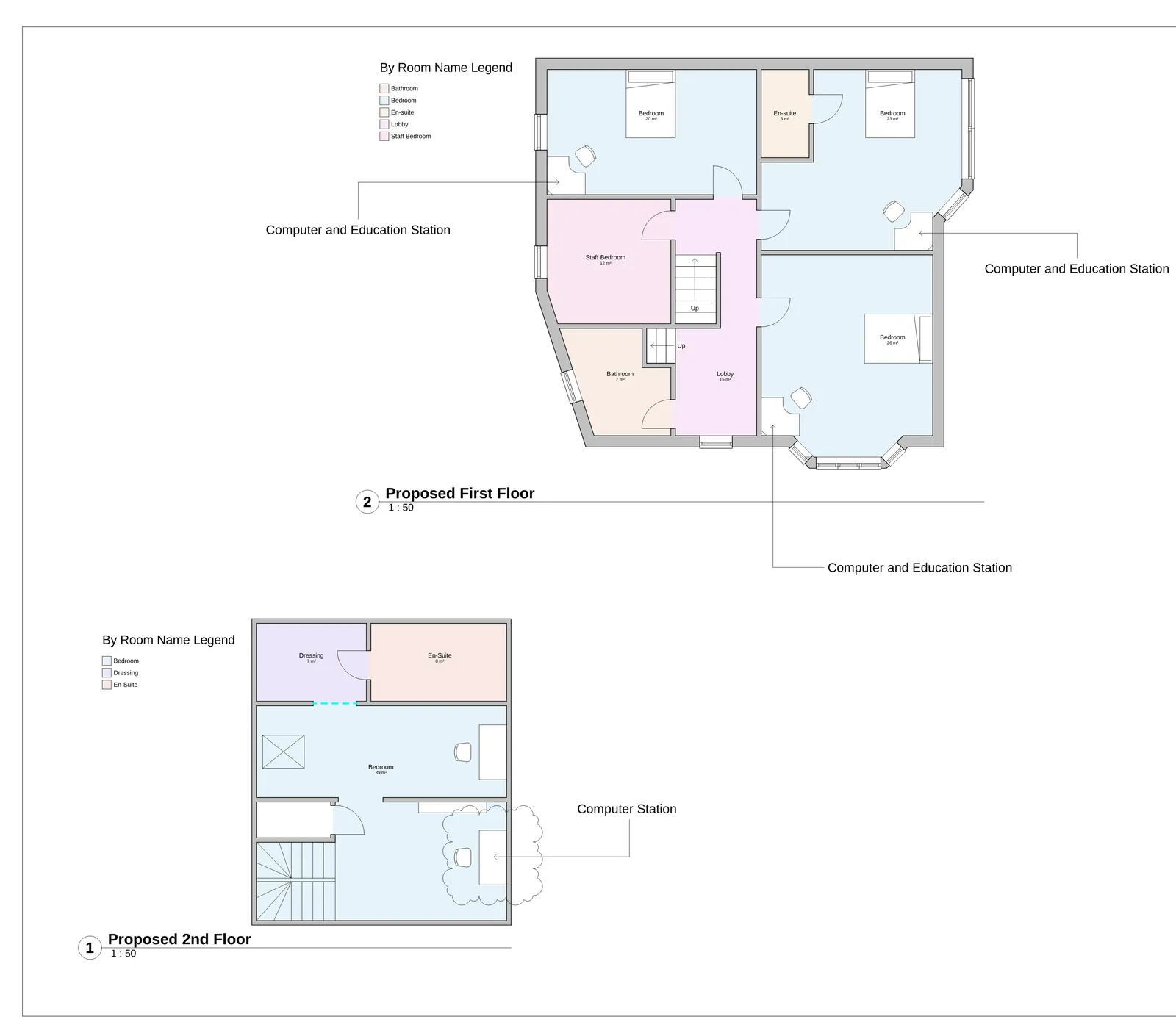 Proposed first floor plan for a change of use application showing bedroom layout, bathroom arrangement and amenity space