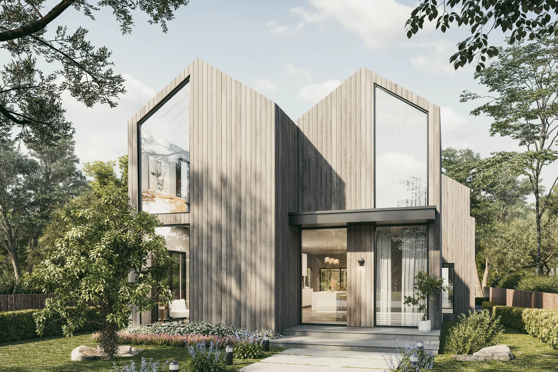 Modern residential home exterior with timber cladding and large glazing