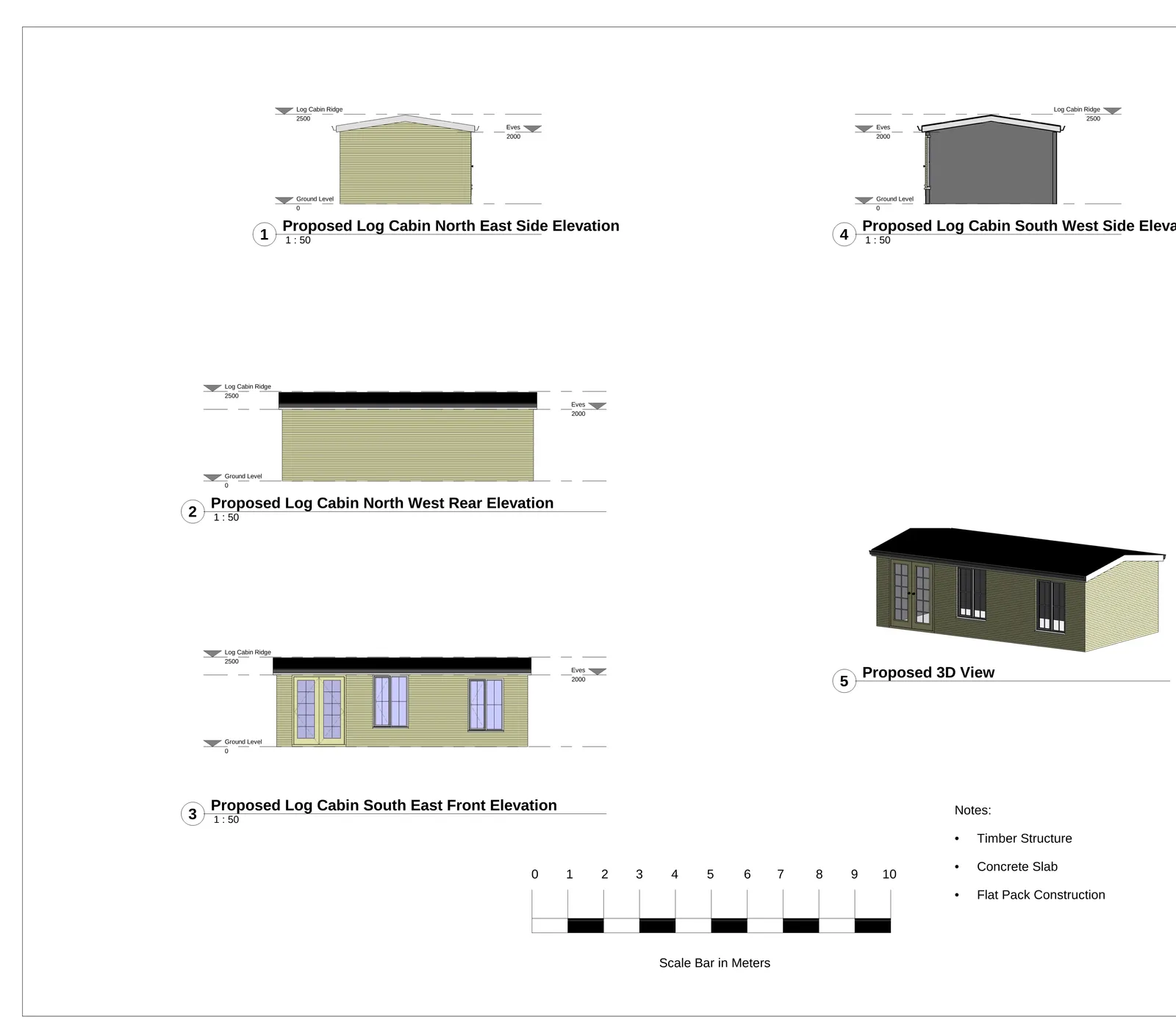 Proposed log cabin elevation drawings showing north east, north west, south east and south west views with 3D perspective prepared by Crown Architecture