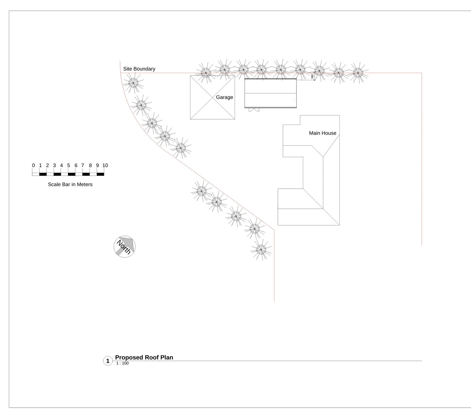 Proposed roof plan showing site boundary, garage and main house roof layout prepared by Crown Architecture