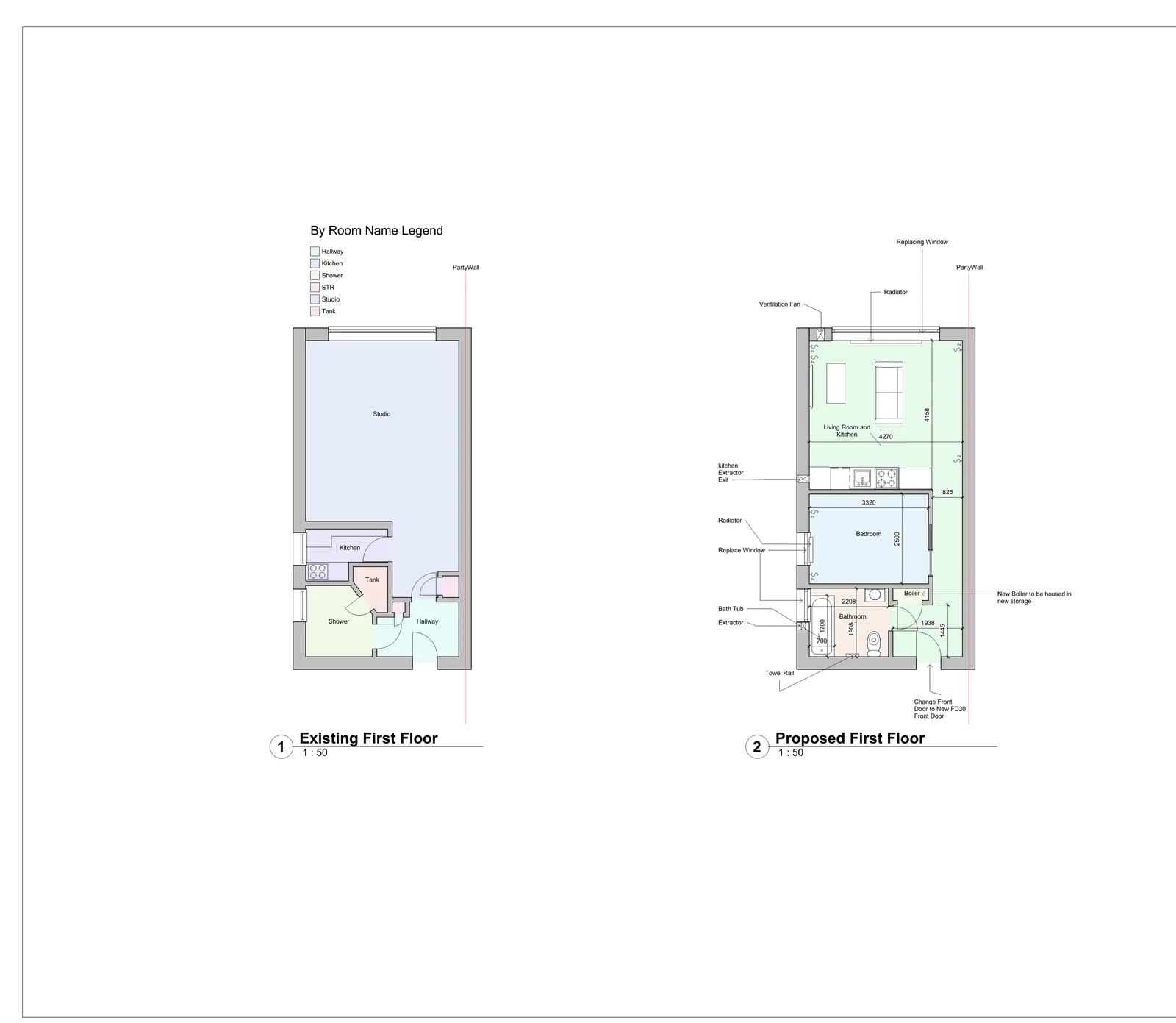 Existing and proposed first floor plan showing studio flat conversion with kitchen, bedroom, bathroom and living room layout