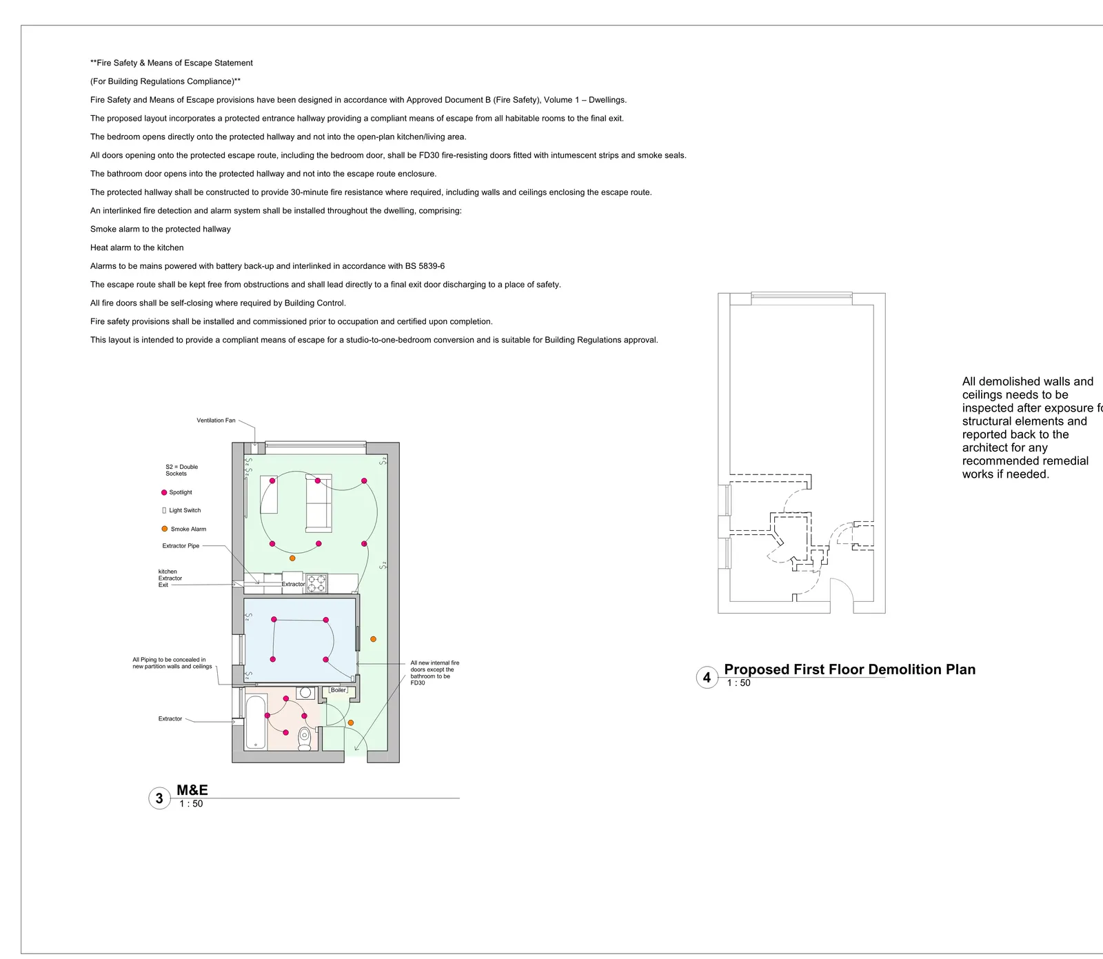Mechanical and electrical plan with proposed first floor demolition layout prepared for building control coordination