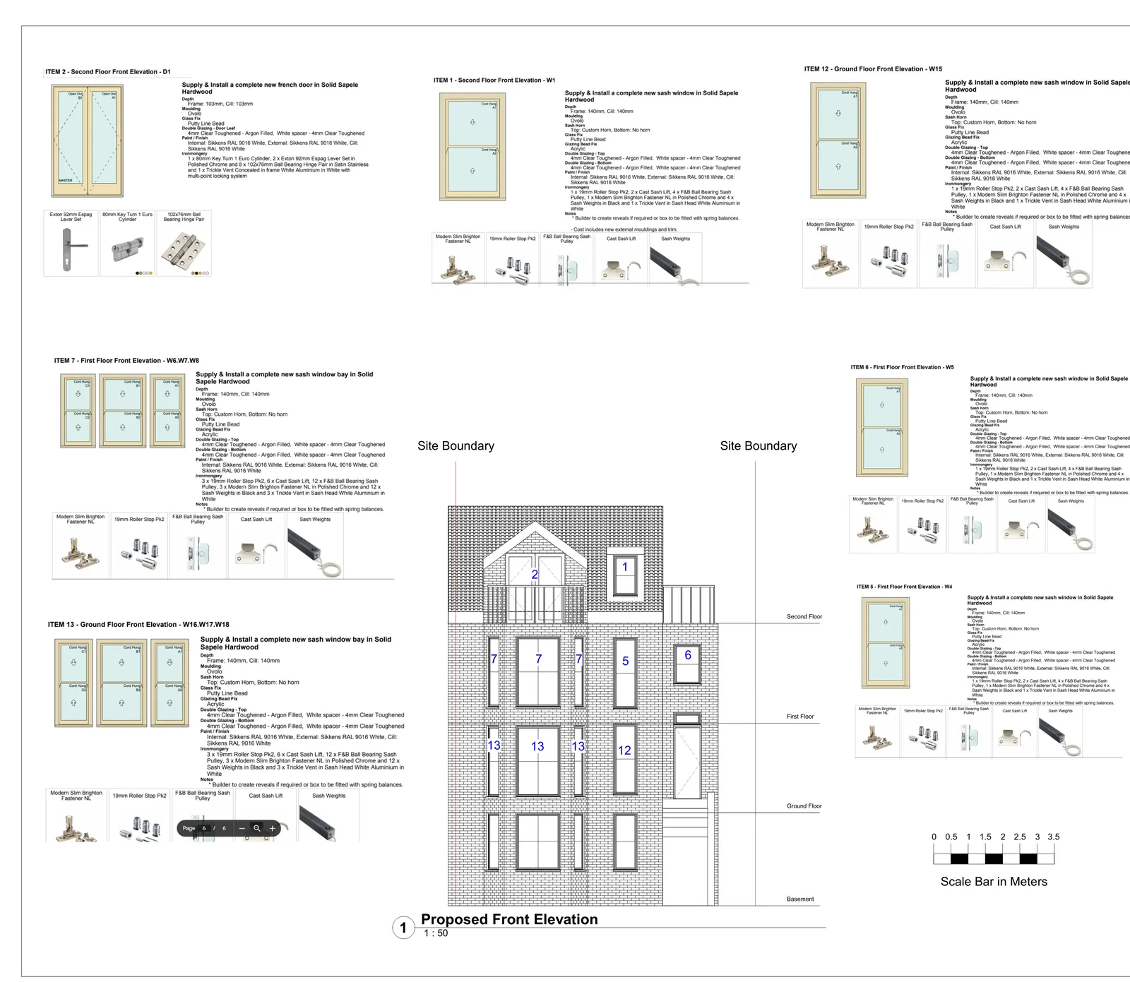 Proposed front elevation drawing with detailed window specifications and material annotations for a multi-storey residential building