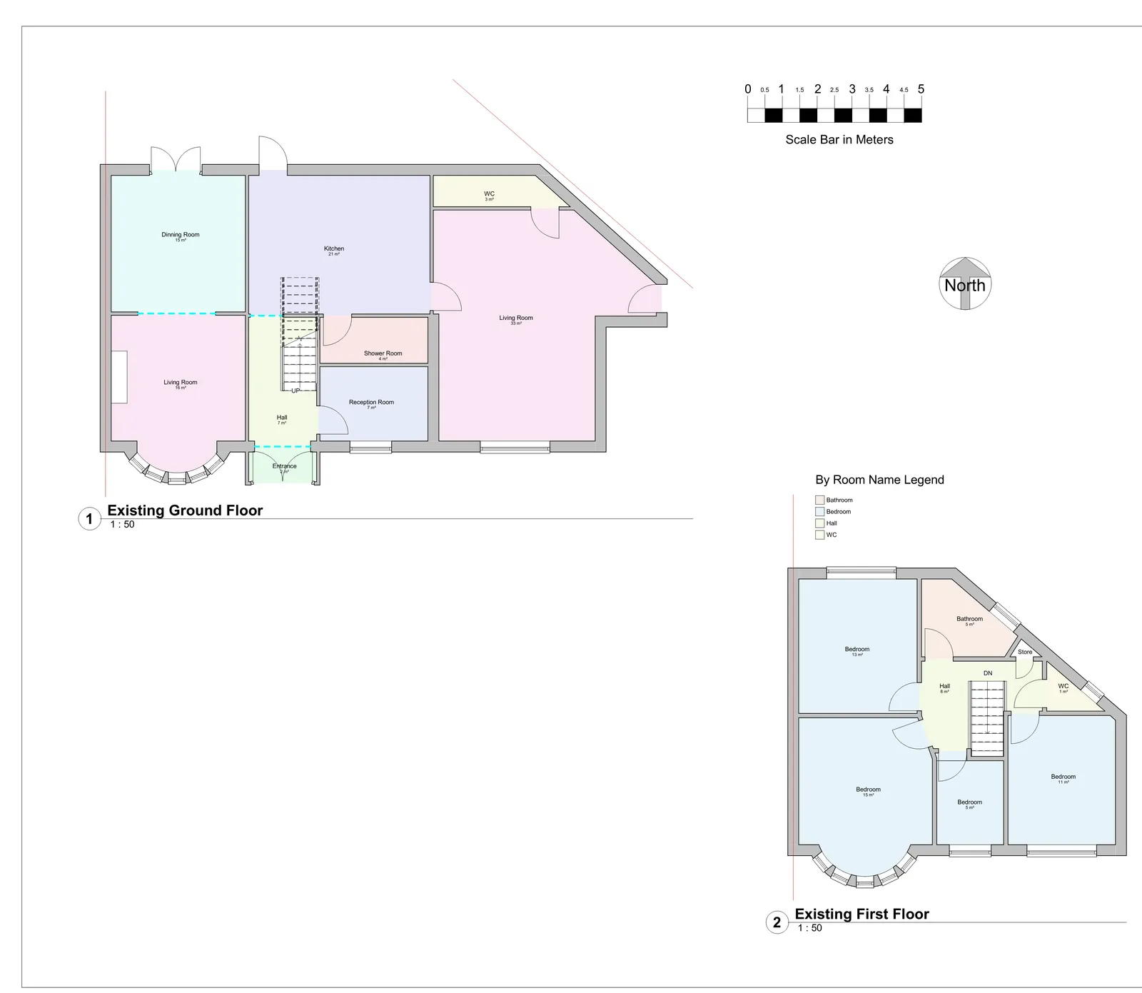 Existing ground floor plan with colour-coded room layout showing current residential arrangement before loft conversion