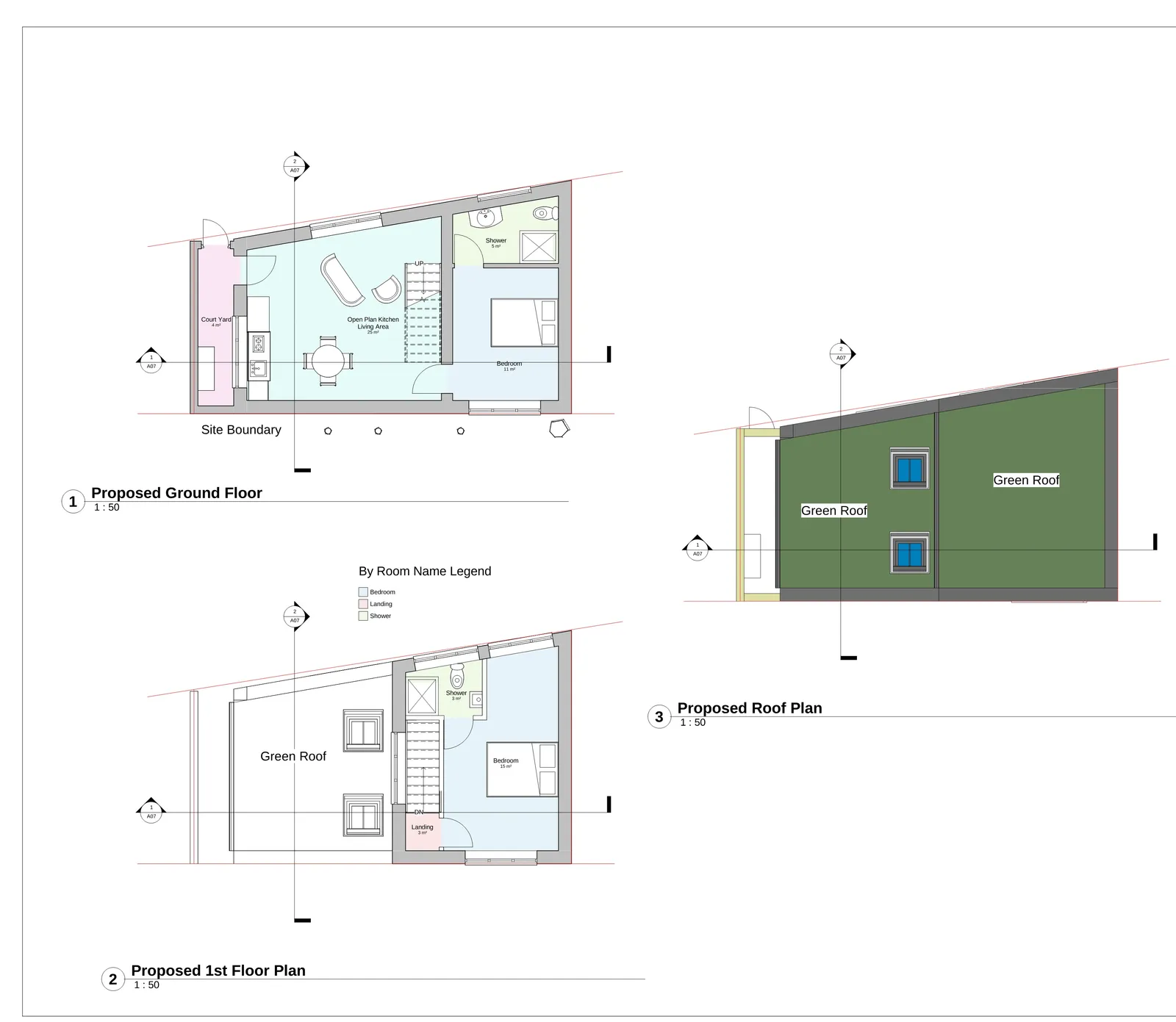 Existing elevation drawings showing current building form from multiple angles before proposed loft conversion works