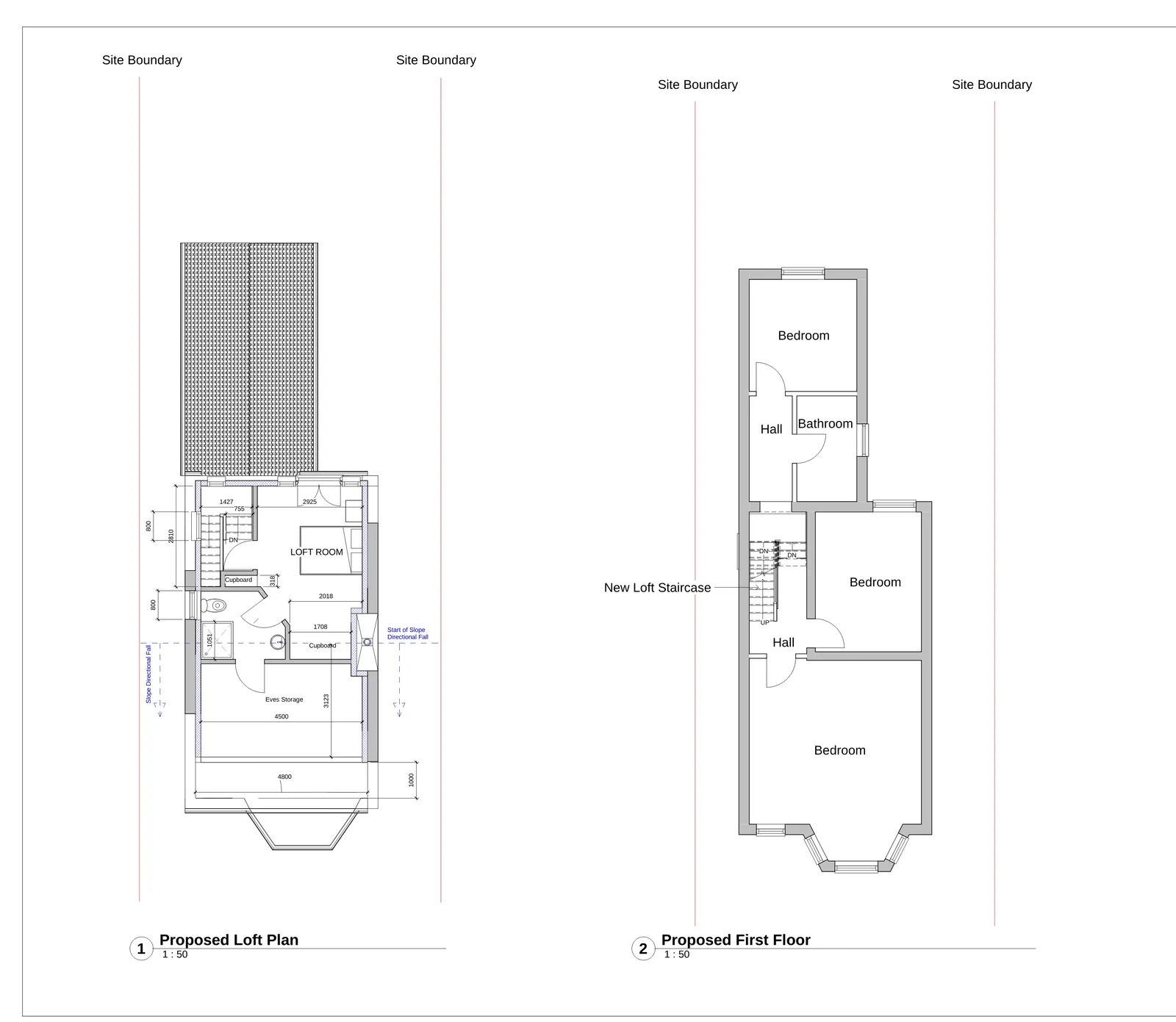 Existing and proposed elevation drawings showing rear extension and loft conversion changes to building form