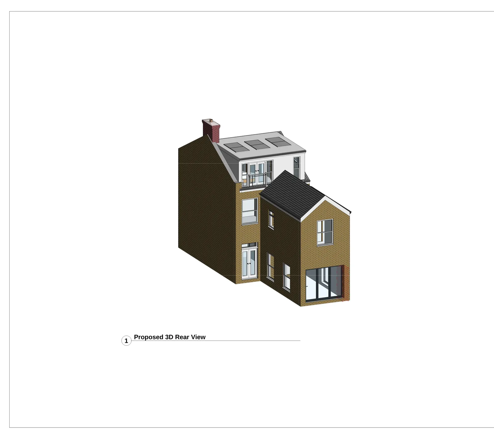 Proposed 3D rear perspective view showing loft conversion dormer and rear extension design in residential context