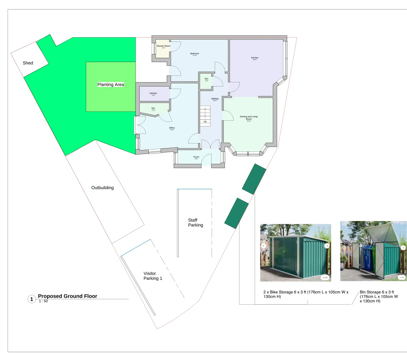 Proposed ground floor plan for a change of use application showing bedroom, kitchen, office, planting area and parking layout