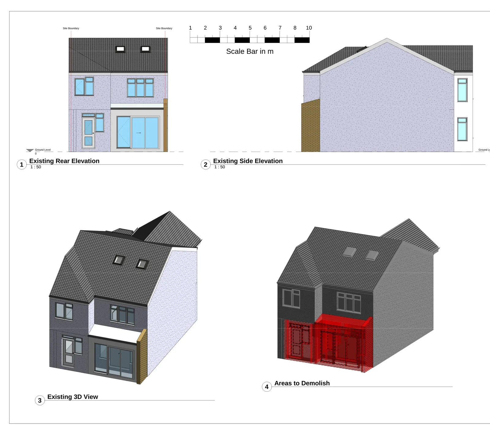 Existing rear and side elevation drawings with 3D view and demolition areas marked for a residential extension project