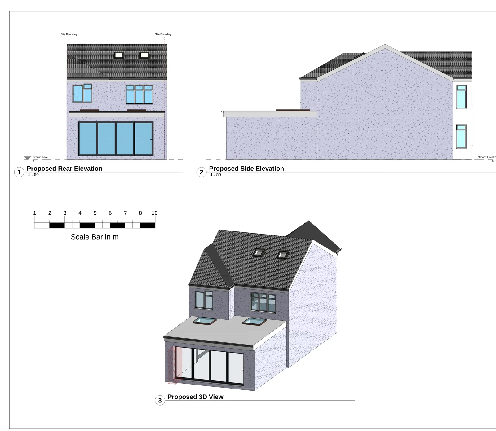Proposed ground floor and first floor plans showing rear extension layout with open-plan living, kitchen and bedroom arrangement