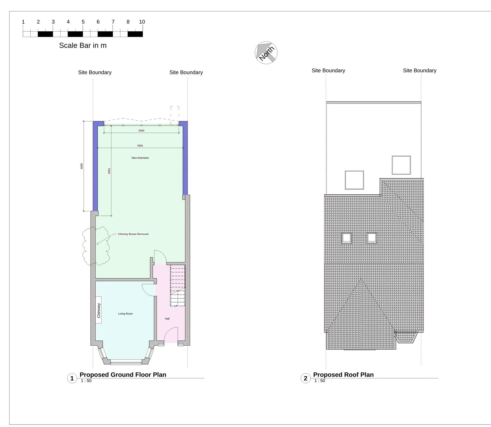 Proposed ground floor plan and roof plan showing rear extension design with room layout and roof form changes
